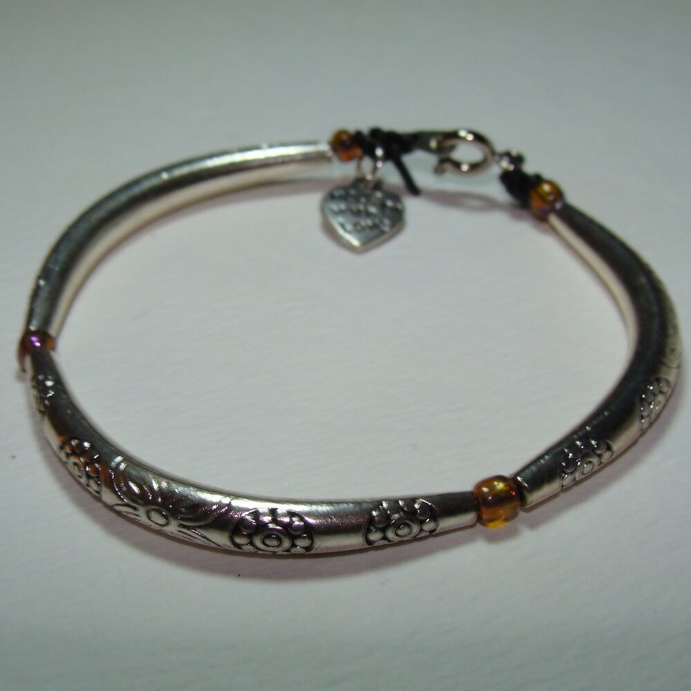 Custom Jewelry, Bracelet Silver Tone Engraved Hollow Bands, Bead & Charm Accent